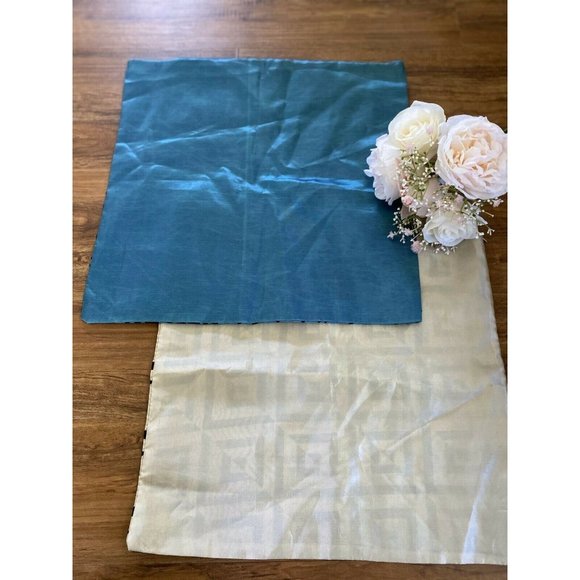 Vintage Set 2 Square Satiny Velvet Detail Pillow Cases Blue Black Beige Zipper - Picture 8 of 12